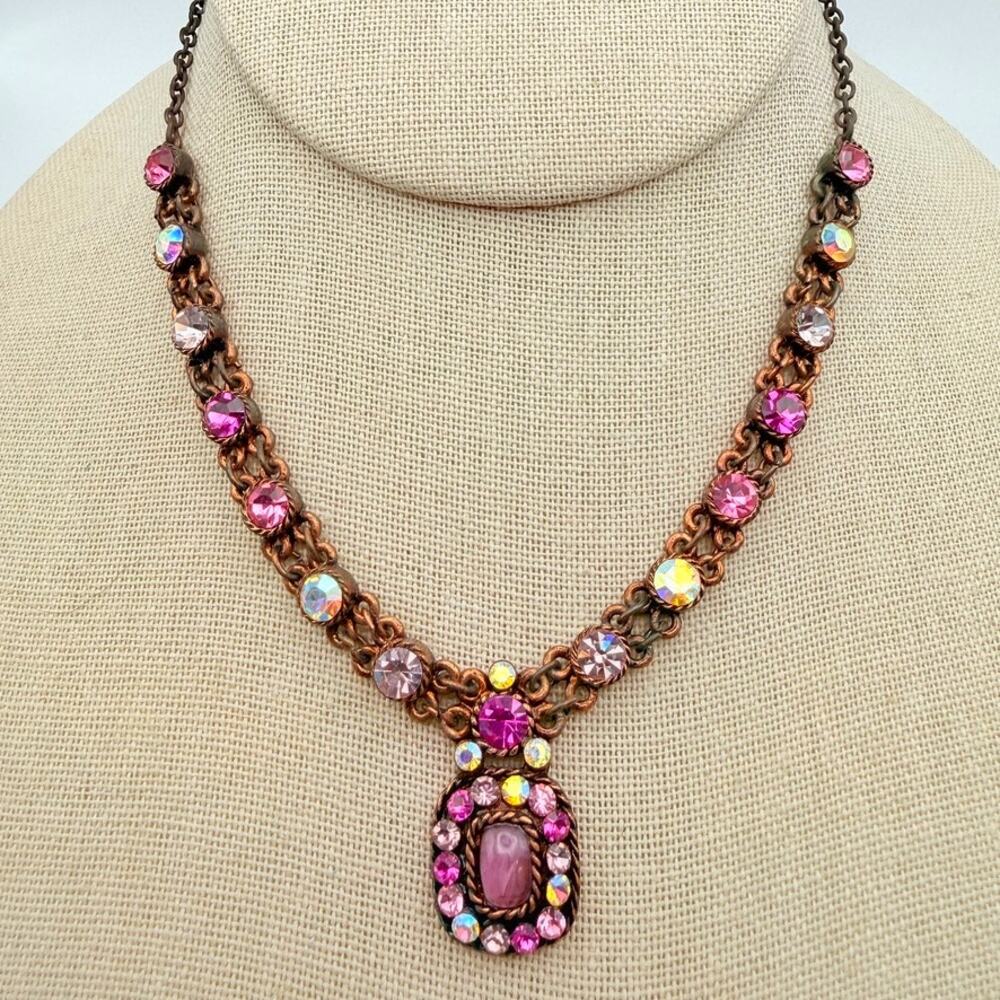 Victorian Style Copper Choker Necklace Pink Magenta AB Crystal Pendant 14"